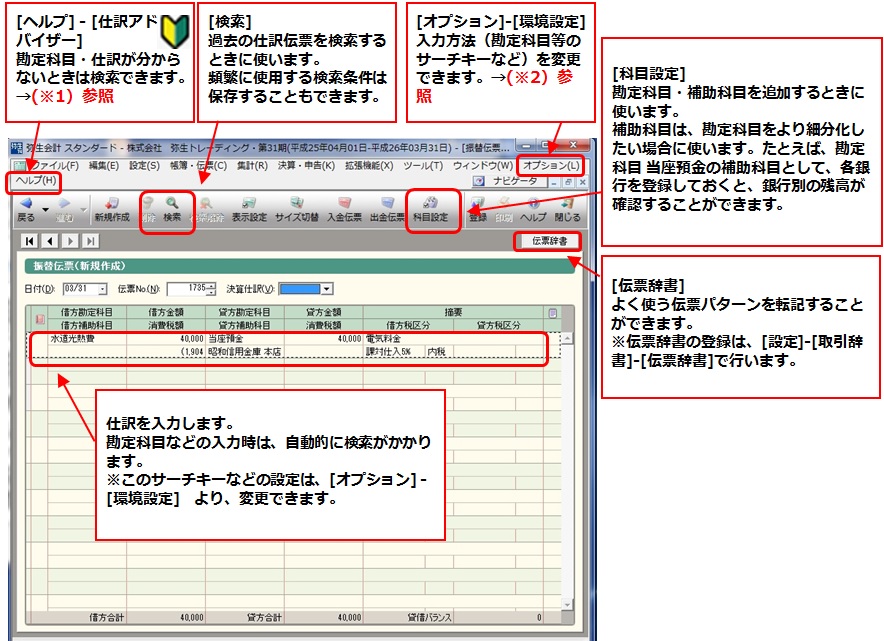弥生会計の振替伝票入力